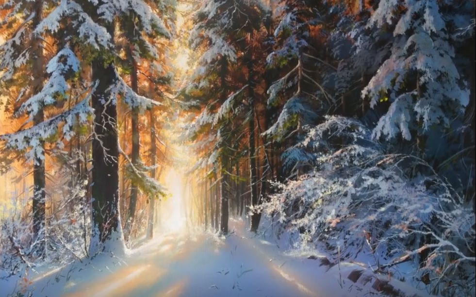 写实丙烯风景画绝美冬天雪景尤什科维奇yushkevichvictor