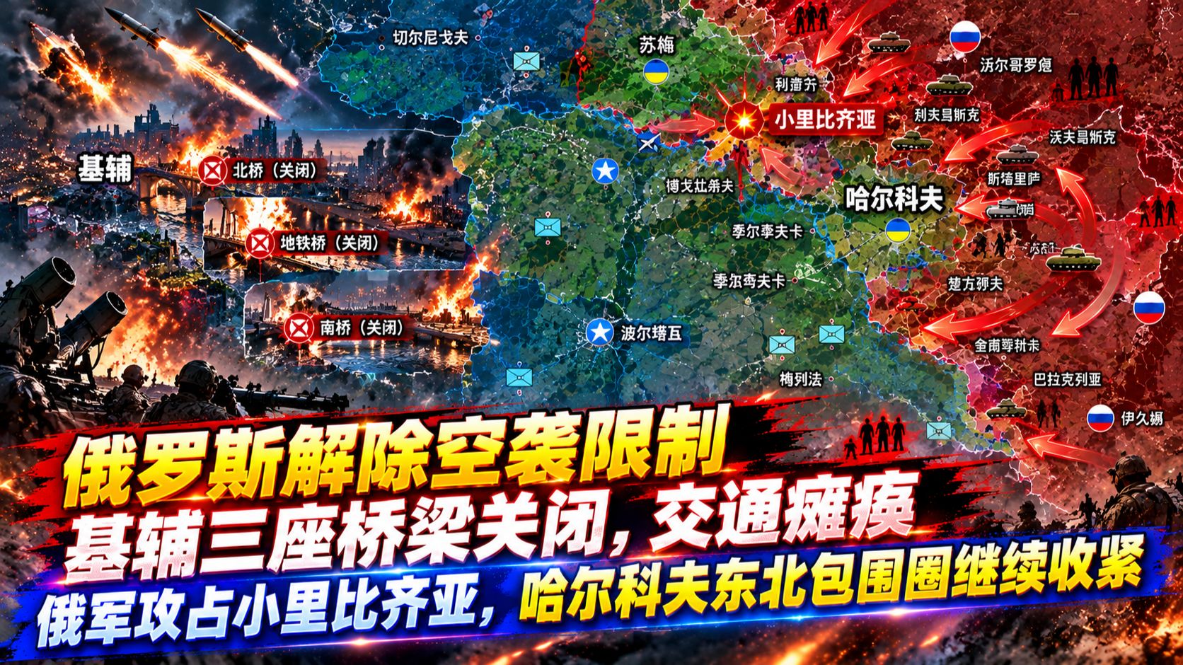 俄罗斯解除空袭限制，基辅三座桥梁关闭，交通瘫痪 俄军攻占小里比齐亚，哈尔科夫东北包围圈继续收紧