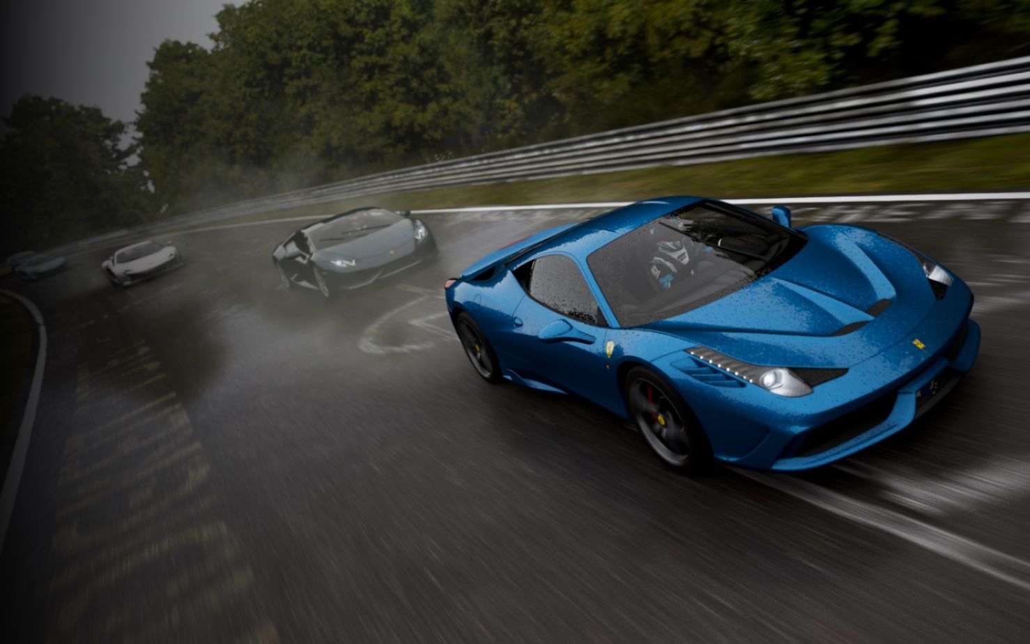 驾驶法拉利458在雨天的纽北赛道上奔驰