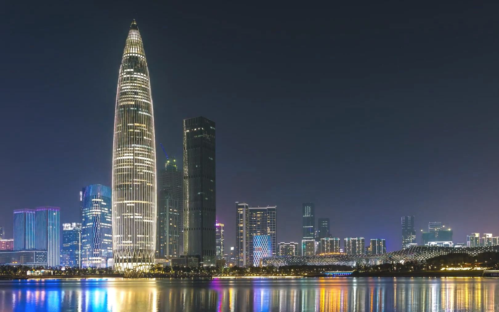 深圳城市深圳湾公园 海面摩天大楼夜景灯光倒影