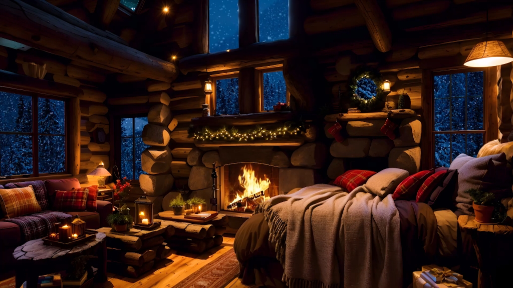 舒适的冬季小木屋氛围伴有温暖的壁炉燃烧声入眠