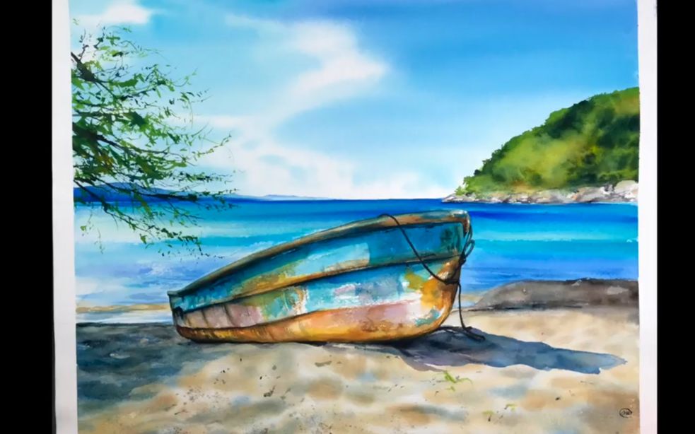 水彩在海滩绘画水彩小船