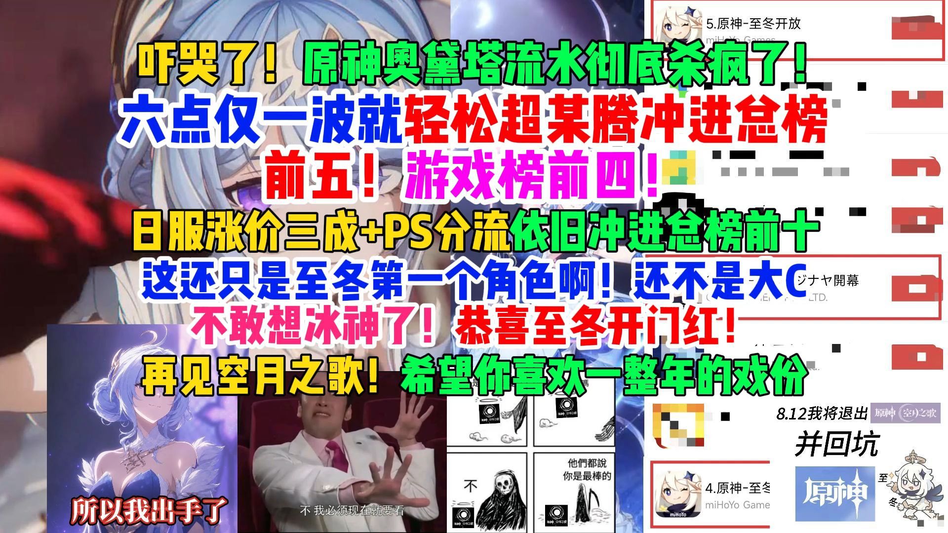 真正的长青游戏！原神奥黛塔流水彻底杀疯了！六点一波轻松超某腾总榜前五！游戏榜前四！日服前十！已经不敢想后续冰之女皇得有多夸张了！恭喜原神至冬取得开门红