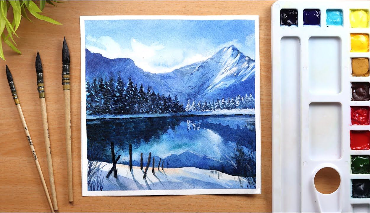 冬天高山湖泊水彩画