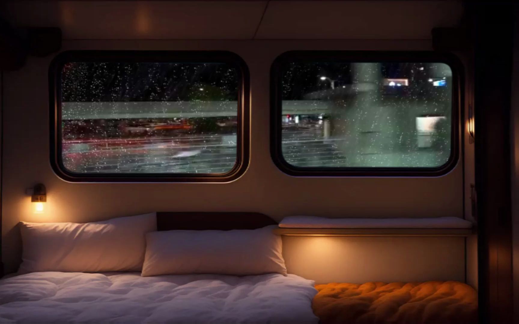 在雨夜行驶的列车包厢,玻璃窗上的雨,和轨道声,放松助眠氛围