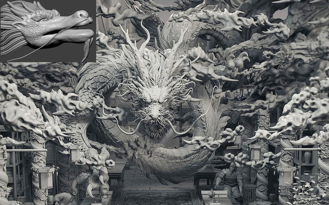 【zbrush零基礎建模】中國龍次世代高模雕刻製作,龍鱗細節比例雕刻,3d