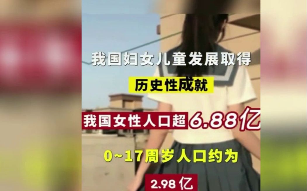 根据第七次人口普查结果,目前我国女性人口超过6.88亿,0~17周岁人口约为2.98亿,二者合计约占总人口的三分之二.哔哩哔哩bilibili