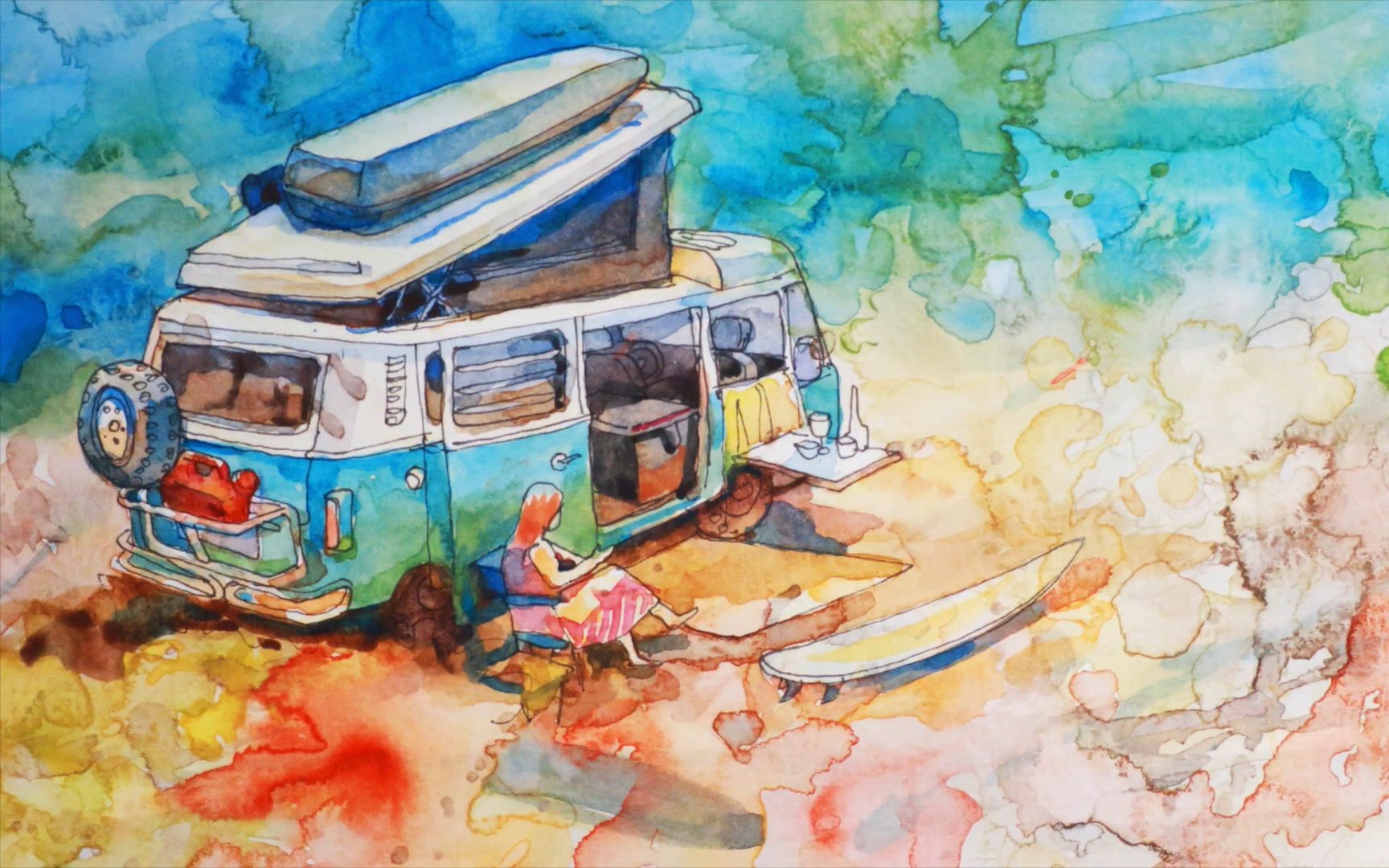 【水彩】老式大众房车,海边房车和女孩 vw camper van kombi_哔哩哔哩