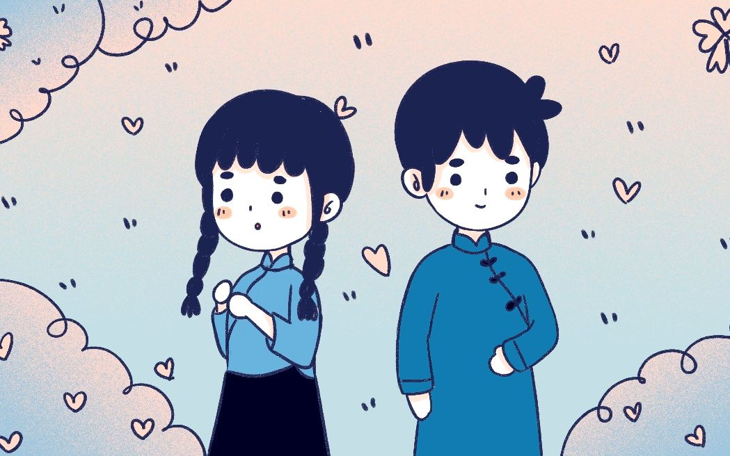 民国穿着中山装的男生女生恋爱的味道