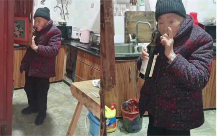 [图]93岁奶奶偷酒喝被孙女抓包，随后手势回应太搞笑：确实是个老小孩