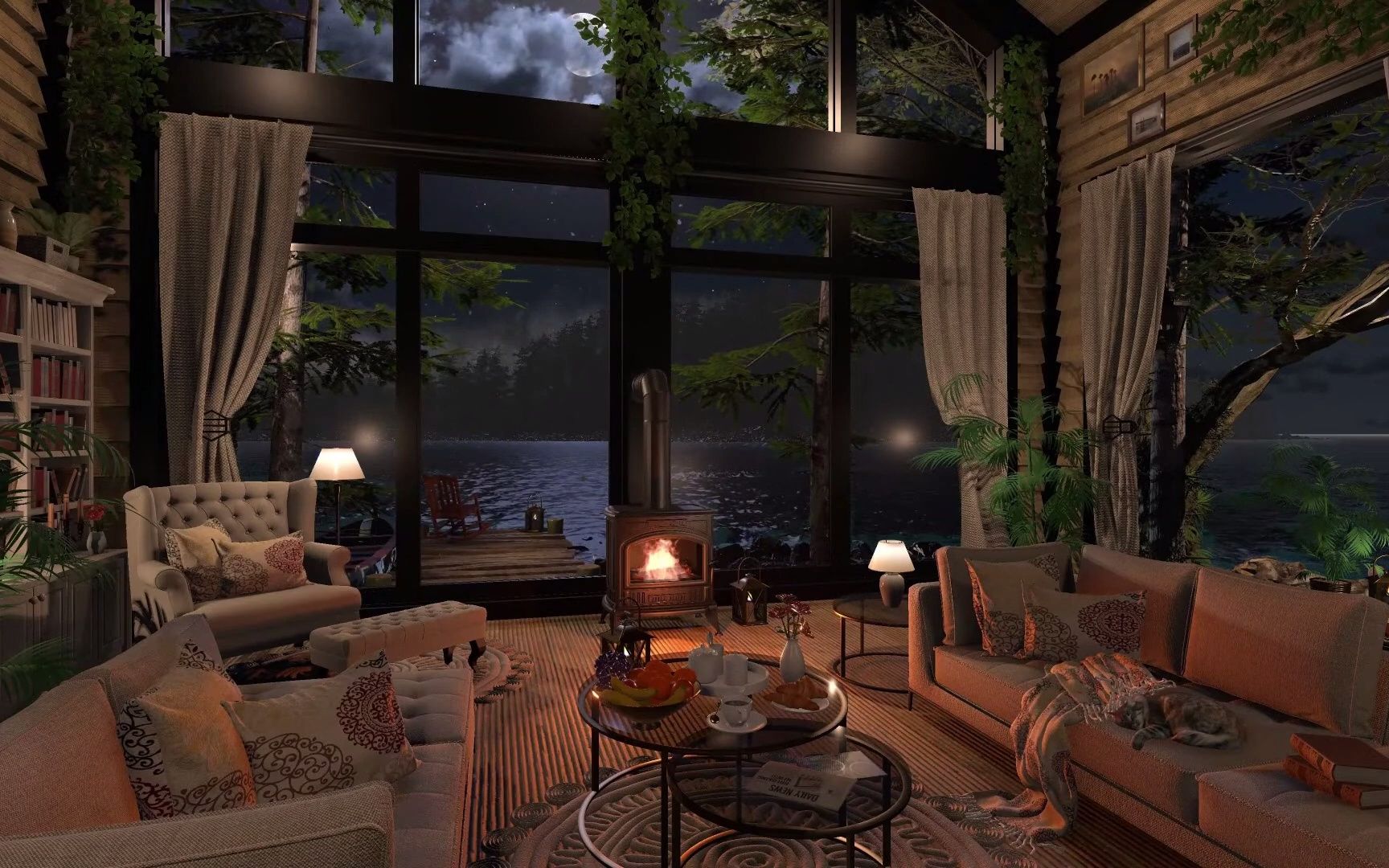 【白噪音】超长8小时丨夜晚的松林小屋丨小壁炉烧火声,湖水声&大自然