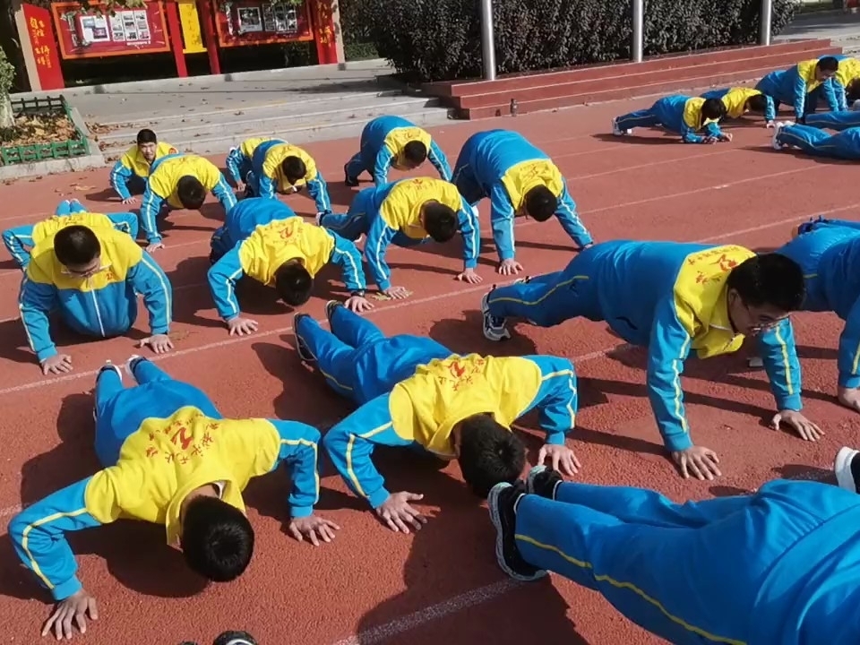 军训:初中生学校操场俯卧撑