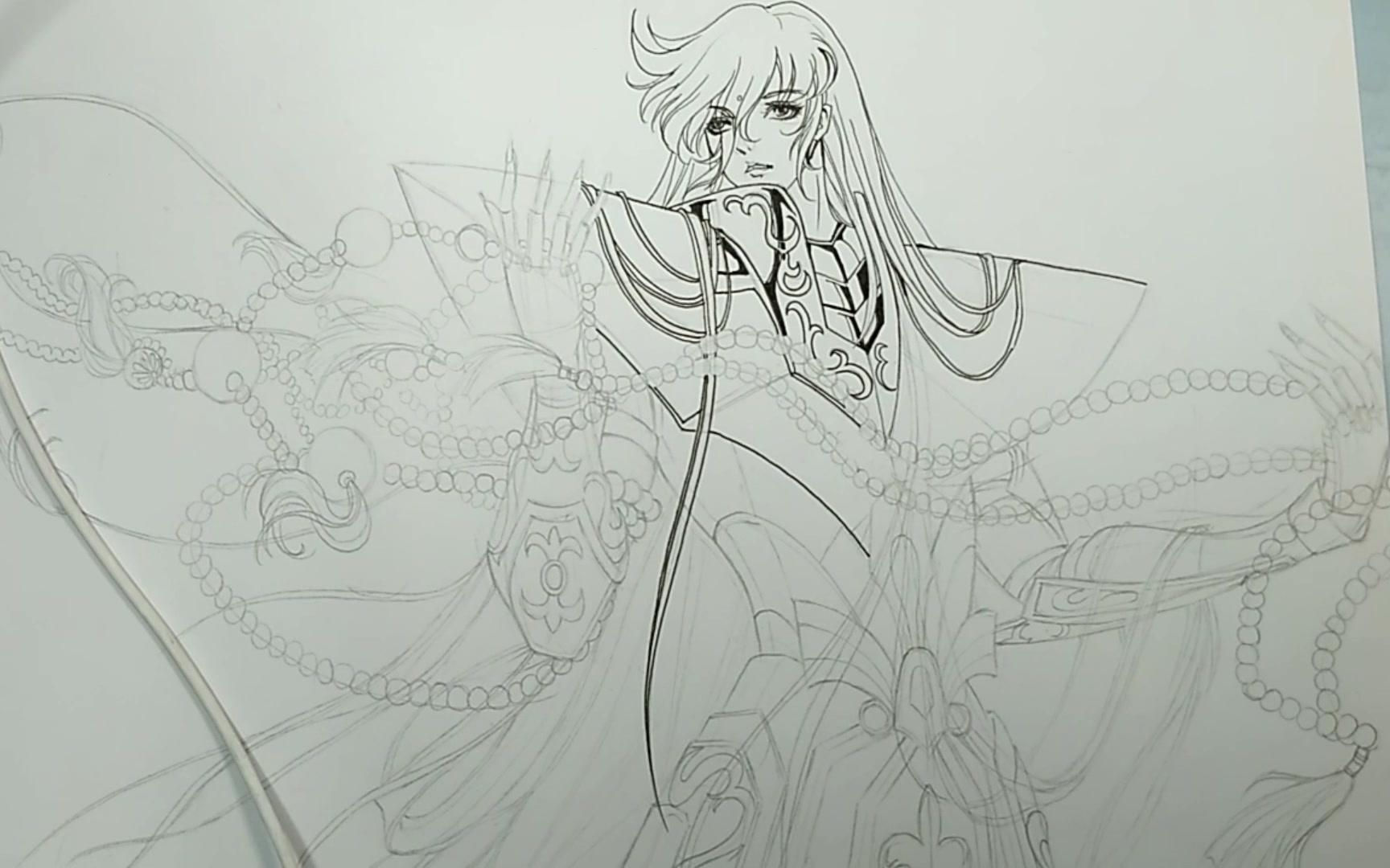 圣斗士星矢处女座沙加临摹于穆逢春大师笔下海报13线稿