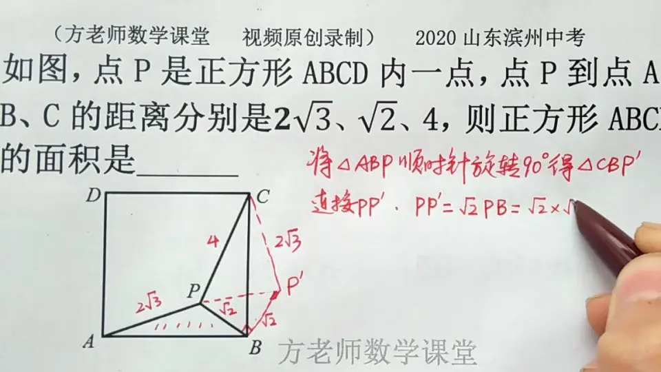 初三数学：P是正方形内一点，怎么求它的面积？作旋转，滨州中考_哔哩哔