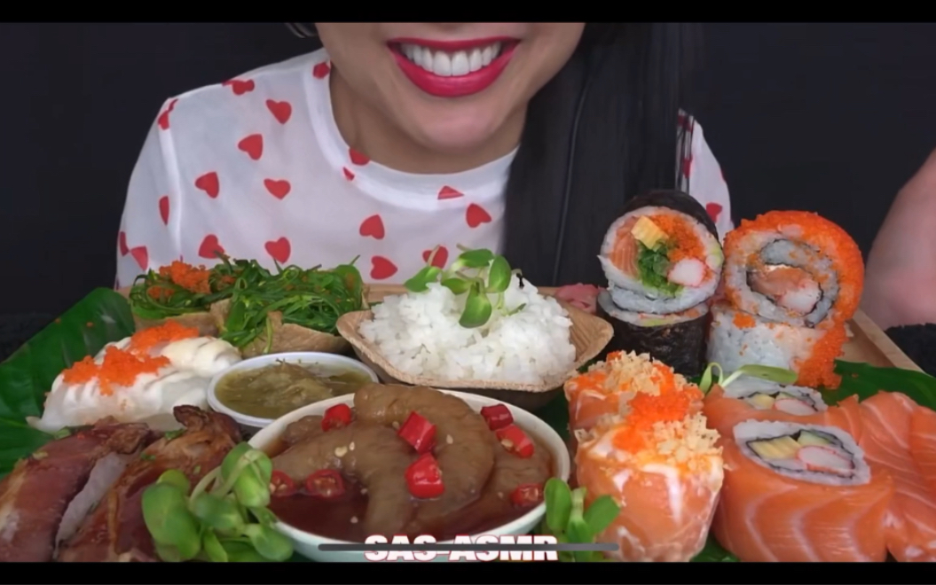 【sas】微笑姐吃泰国美食生鱼片,寿司和虾仁吃播搬运
