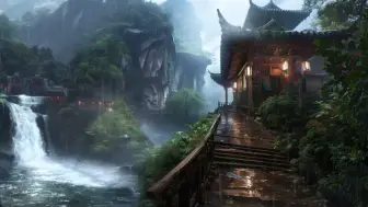 Download Video: 依山而建的庭院，隐匿于翠微之中，细雨轻洒，云雾缭绕，木栈道、小溪、瀑布与葱郁山林交织