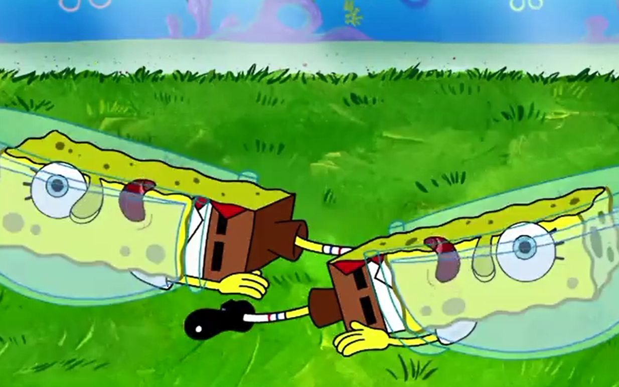 珊迪的空手道劈功一顿操作下来海绵宝宝被劈成两半