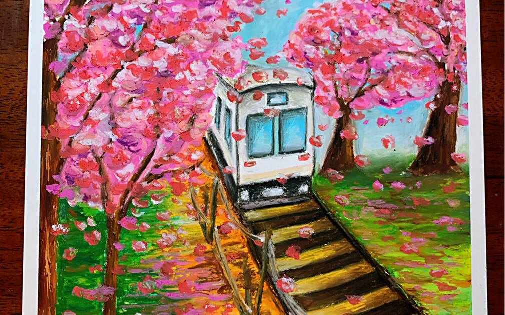 油画棒] 樱花树下的小火车_哔哩哔哩_bilibili