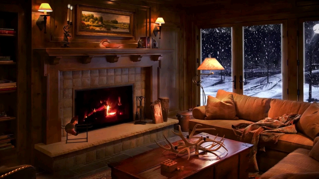 【白噪音】雪夜温馨的木屋客厅氛围音|风雪声|壁炉声_哔哩哔哩_bili