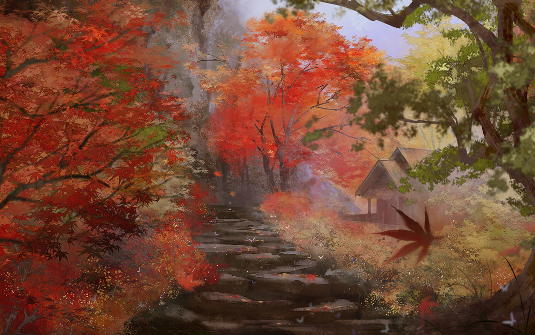 【ps板绘过程】山间枫叶红,古风场景