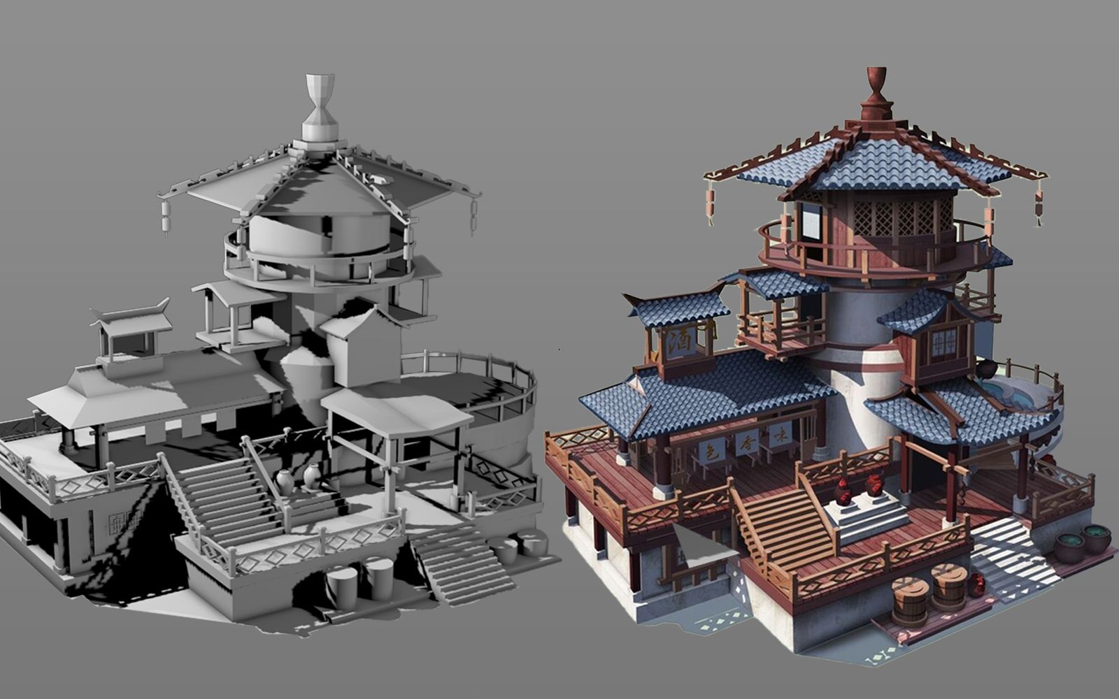 【3dmax建模】古风酒楼场景制作,零基础布线案例讲解