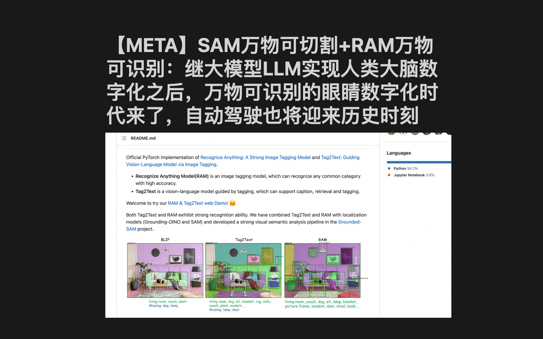 【META】SAM万物可切割+RAM万物可识别:继大模型LLM实现人类大脑数字化之后,万物可识别的眼睛数字化时代来了,llm+ram实现多模态的大模型哔...