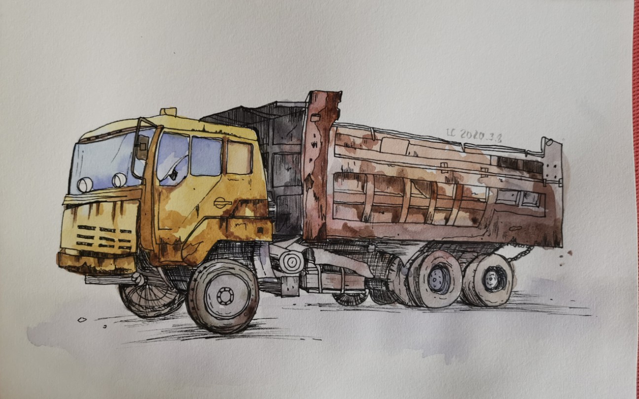 【钢笔淡彩】破旧大卡车
