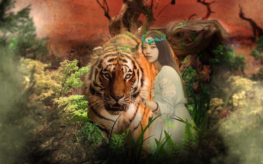 ps教程photoshop实战美工设计教程美女与老虎海报设计合成教程