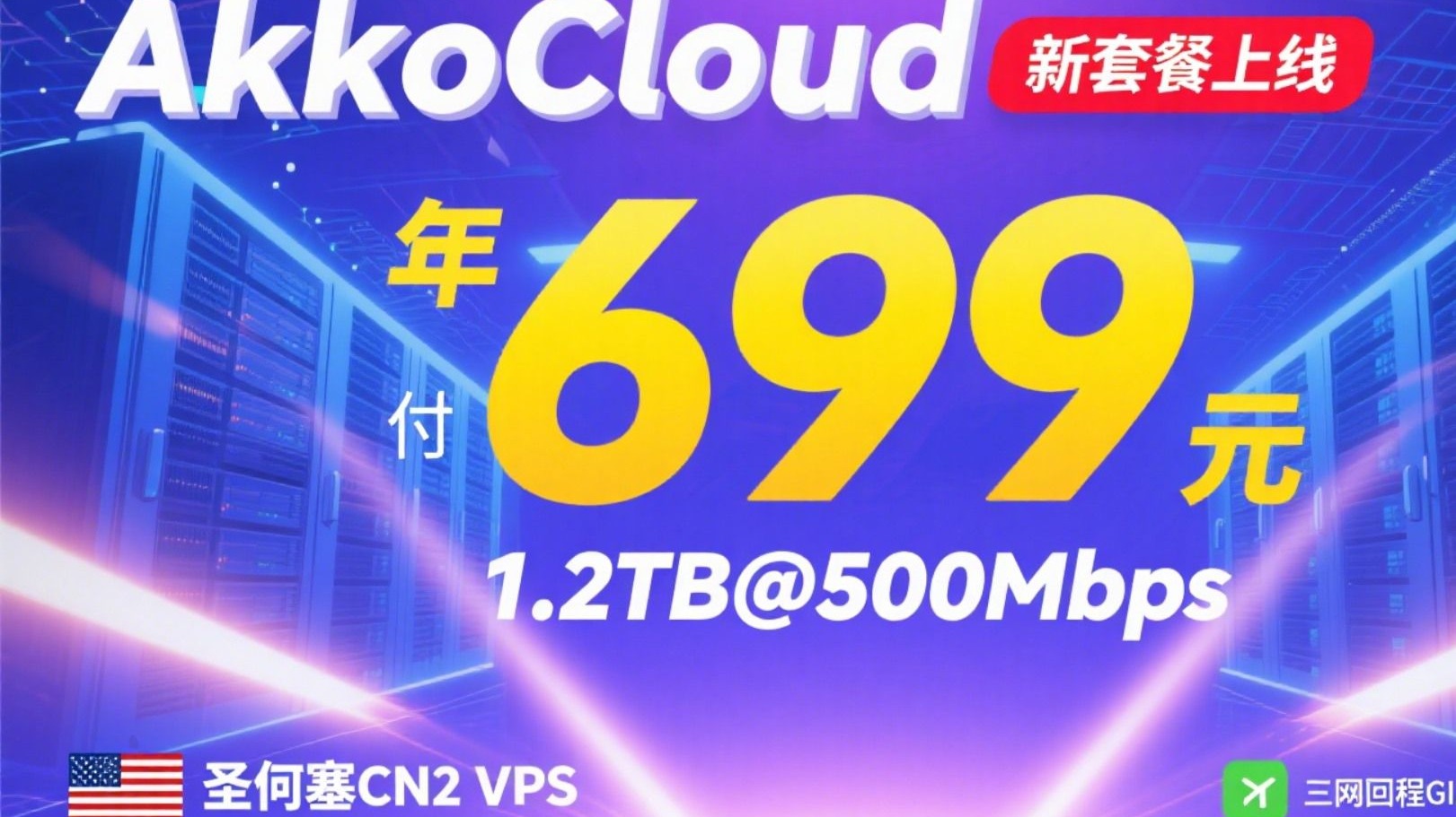 AkkoCloud美国圣何塞CN2 VPS新套餐上线,1.2TB@500Mbps年付699元,三网回程GIA+电信去程GIA