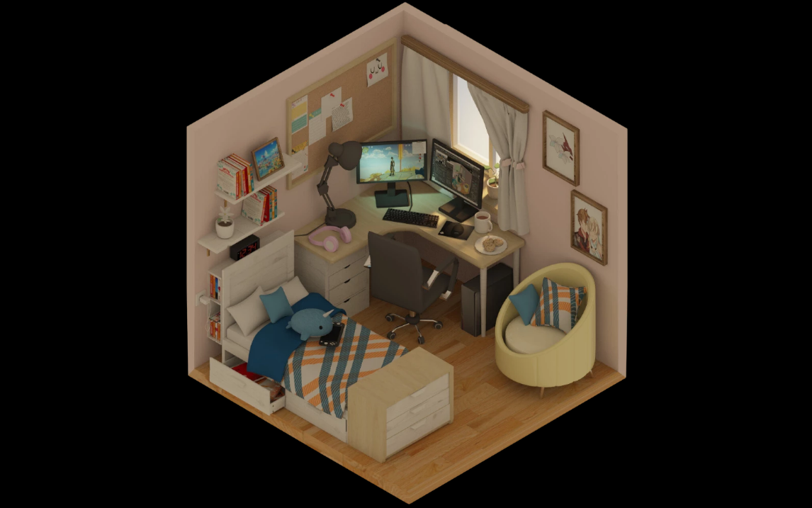 3dmax建模一个人的小卧室场景内部建模次世代场景模型卡线布线制作