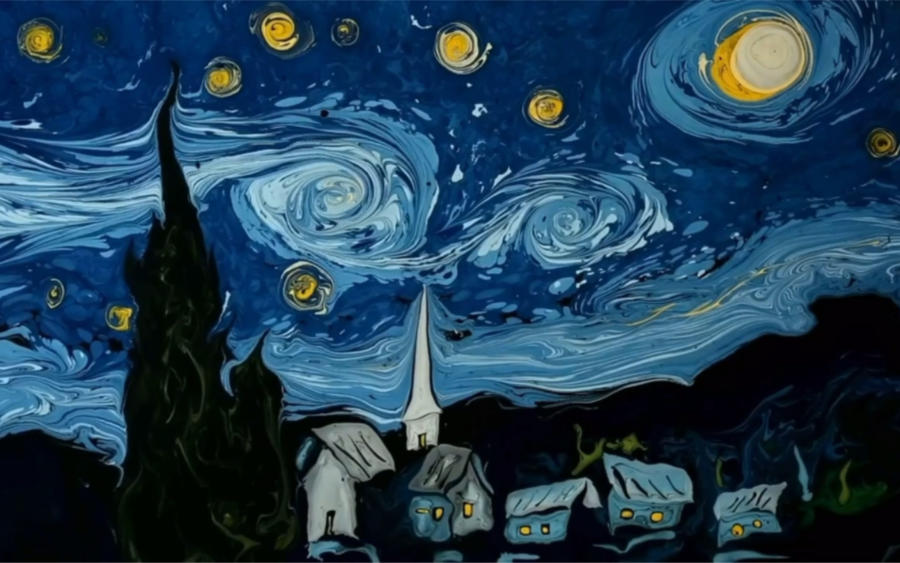 加里普艾garipay2007年起开始研究湿拓画所绘出梵高的著名画作星月夜