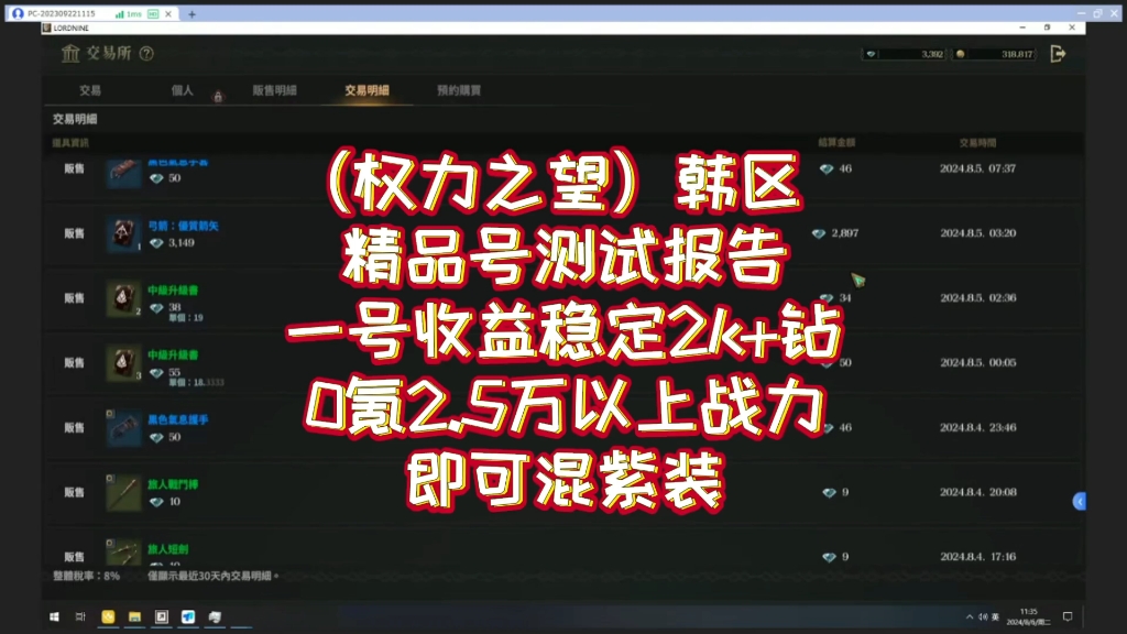 (权力之望)韩区精品号测试报告收益稳定2k左右的钻2.5万战即可混紫装