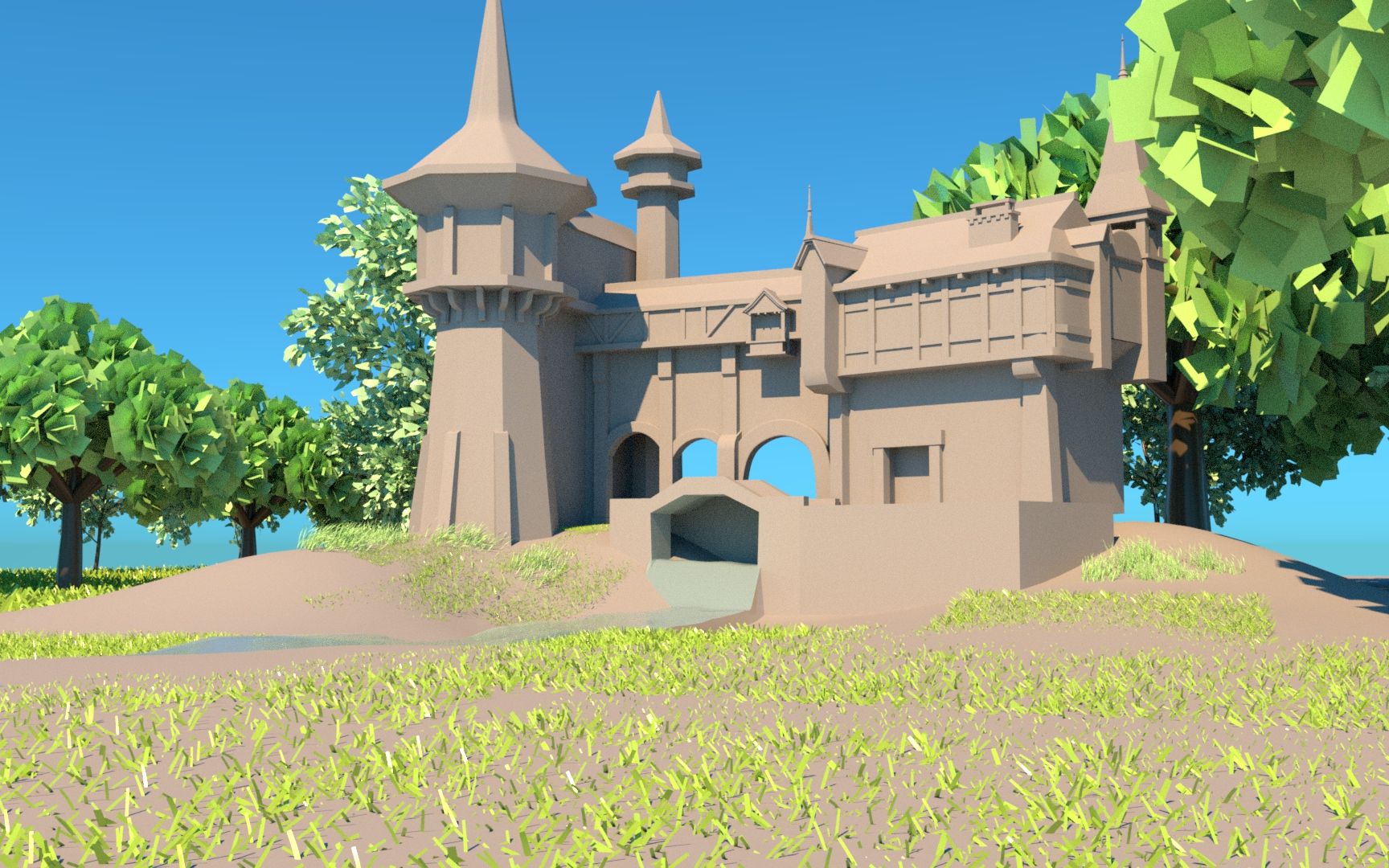 【场景3d建模】林中小屋-城堡建模,次世代场景模型布线卡线渲染,maya