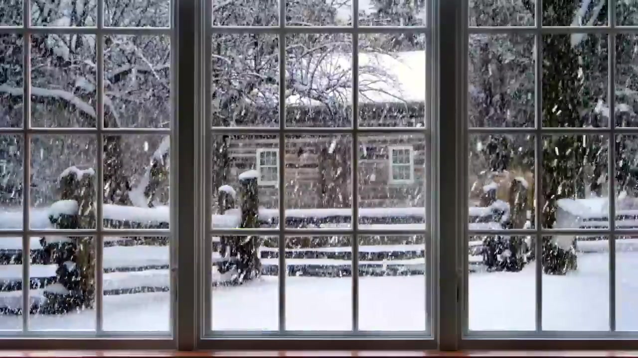 白噪音学习向放松看着窗外的雪景下雪声刮风声烧火声