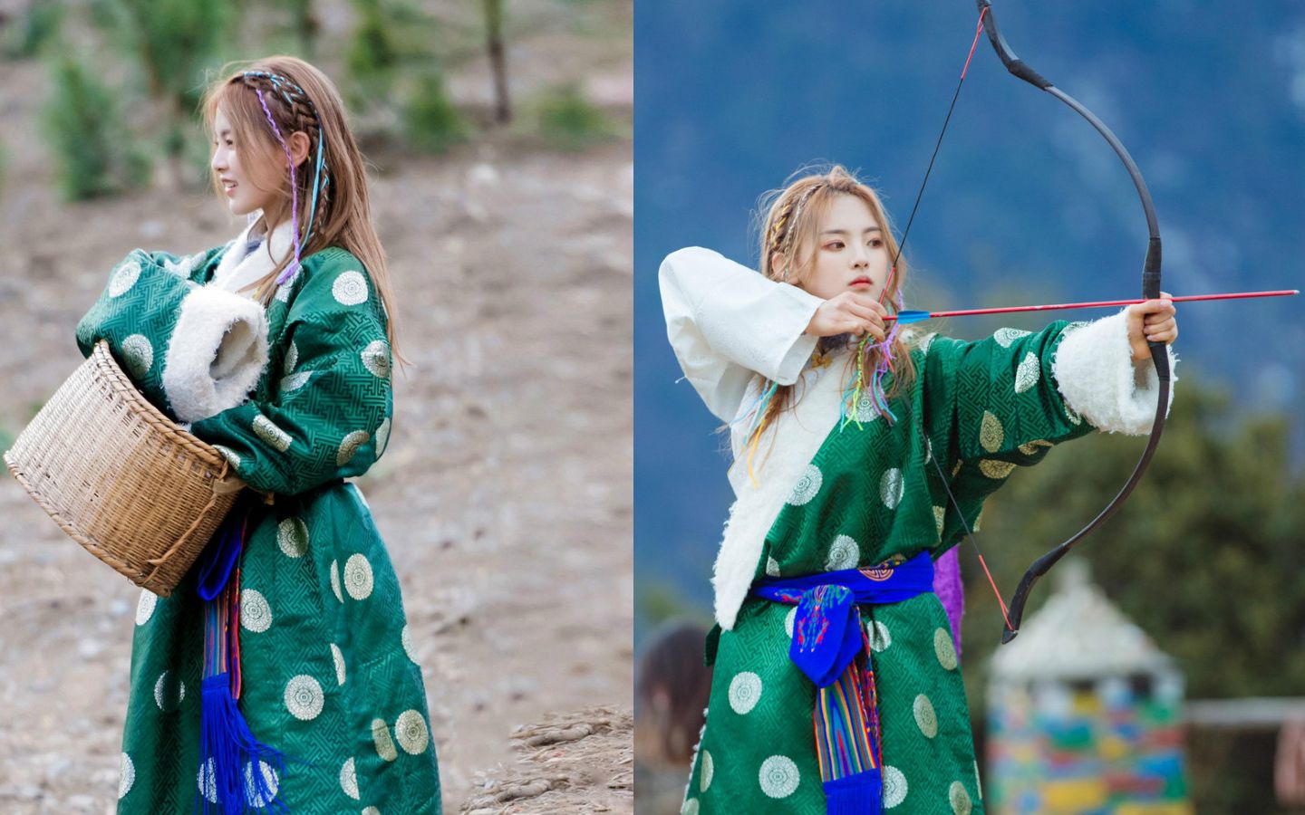 杨超越彩辫新造型亮相 穿绿色藏服射箭英气十足