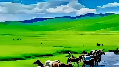 天上白云飘,白云下面马儿跑.#治愈系风景#草原美景#素材由ai绘画