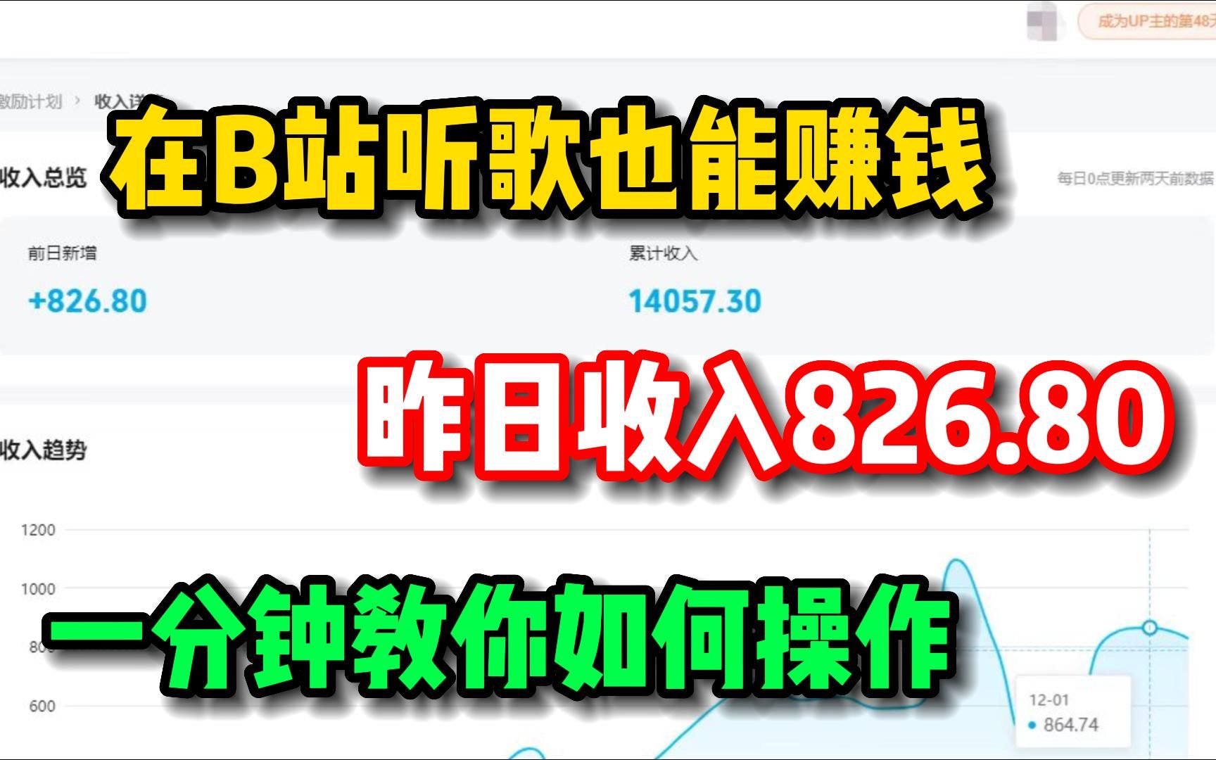 在B站听歌也能赚钱,昨日收入826,一分钟教你如何操作!哔哩哔哩bilibili