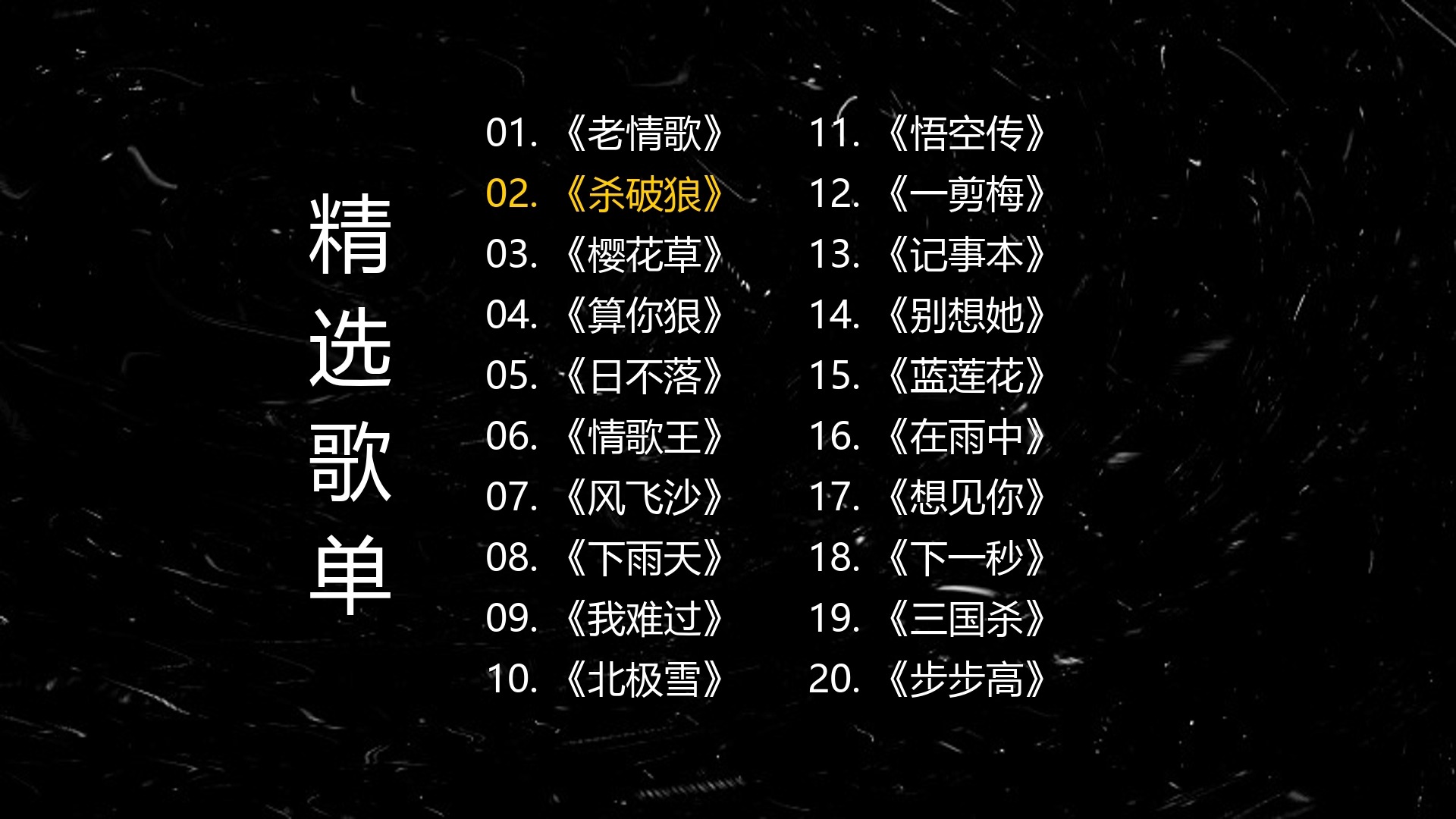 精选歌单合集《老情歌》《杀破狼》《樱花草》《算你狠》《日不落》