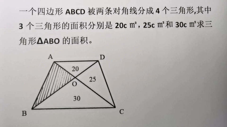 四邊形abcd被兩條對角線分成4個三角形已知其中3個三角形面積求陰影